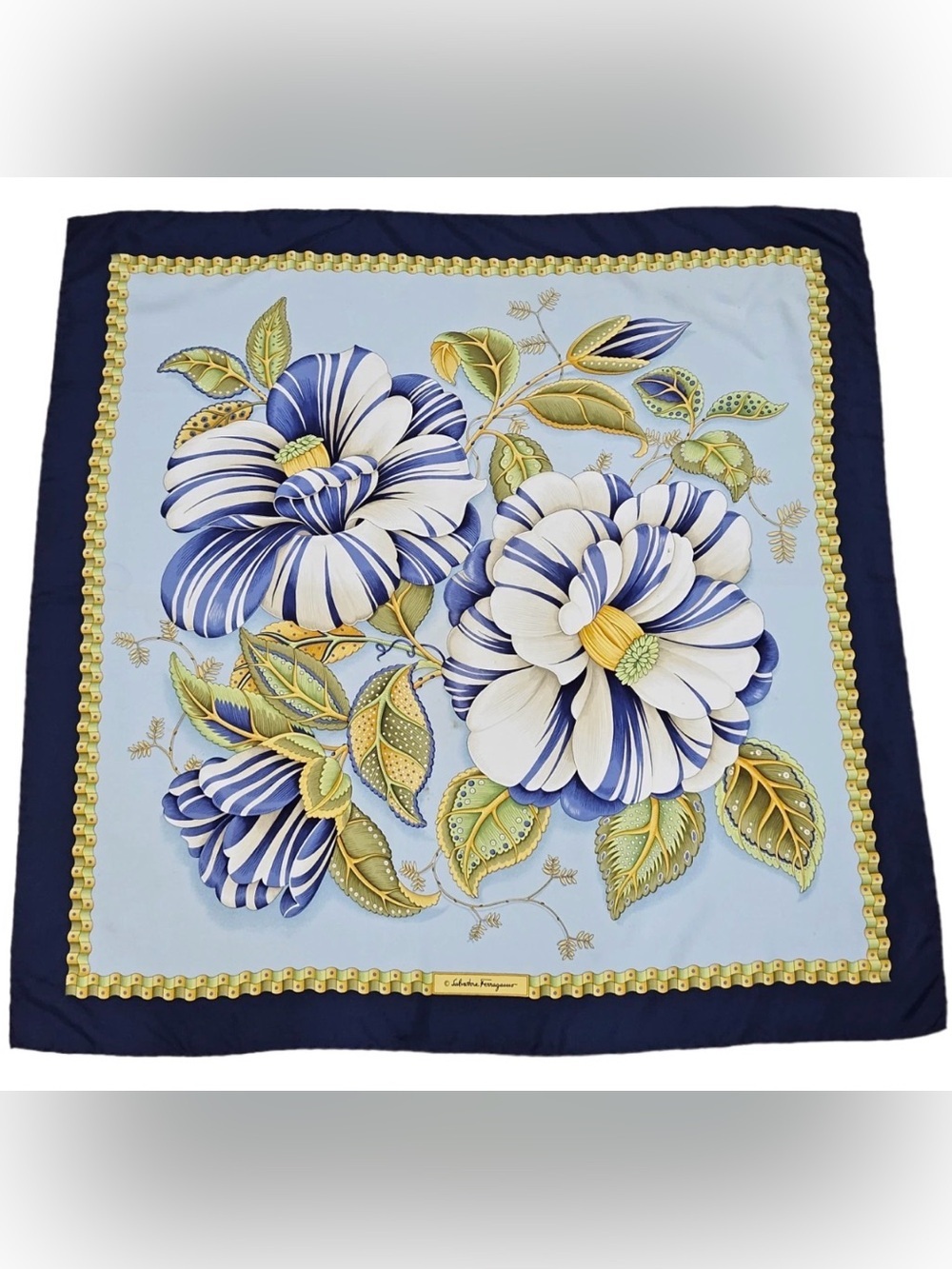 Salvatore Ferragamo Flower Silk Scarf Hand Rolled Made in Italy